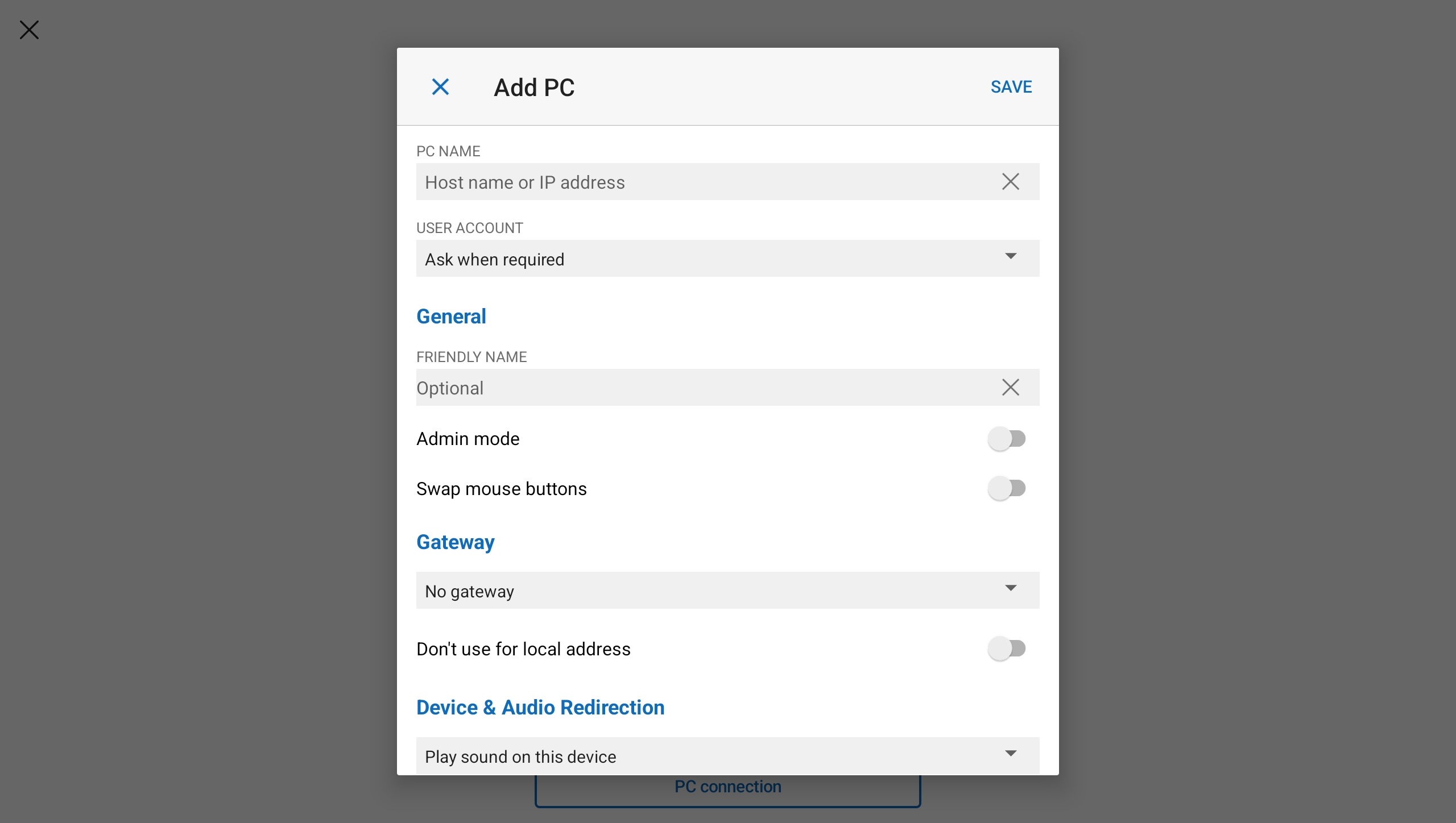 macOS 上的 Windows App：Add PC 对话框，PC NAME 一栏填写服务器IP与端口